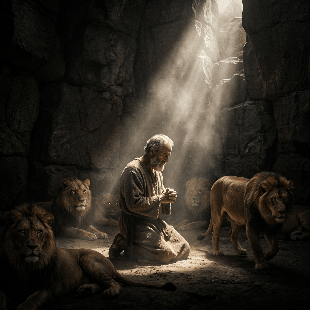 An elderly man in robes kneels in prayer surrounded by calm lions in a dark pit.