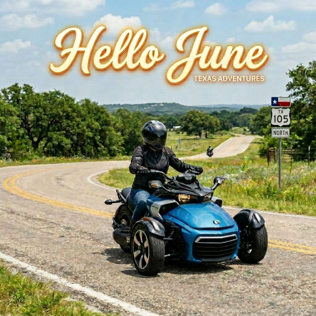 Woman riding blue three-wheeled motorcycle on winding Texas Highway 105 with road sign and greenery