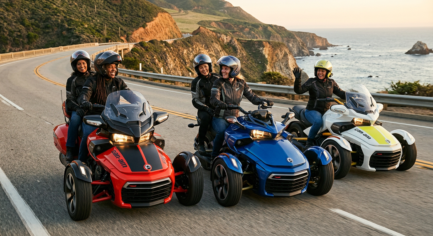 Four people riding three Can-Am Spyder three-wheeled motorcycles on coastal road