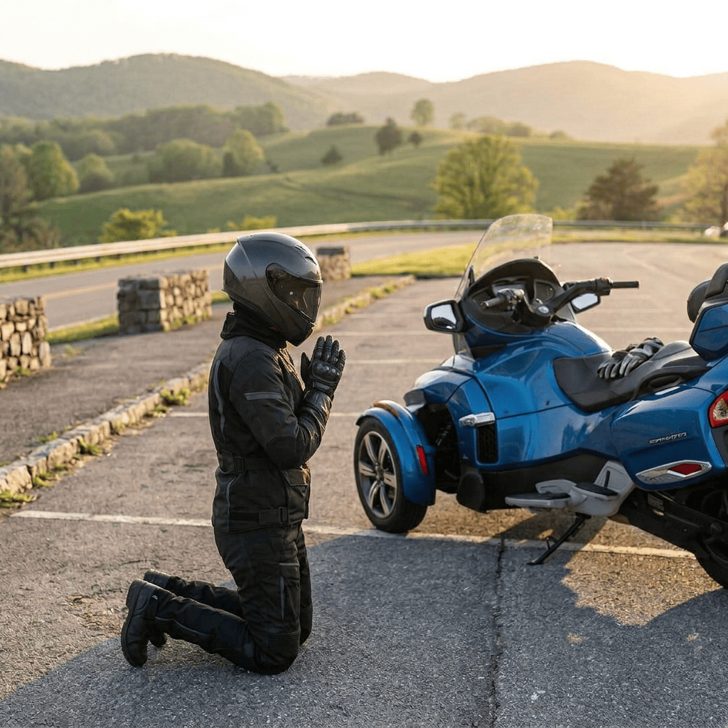 Motorcyclist holding a helmet beside a blue touring motorcycle at a scenic overlook