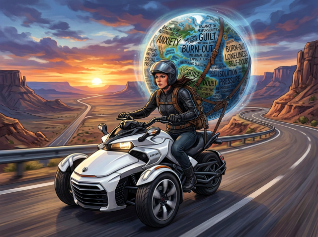 Motorcyclist riding a white Can-Am trike with Earth strapped behind her